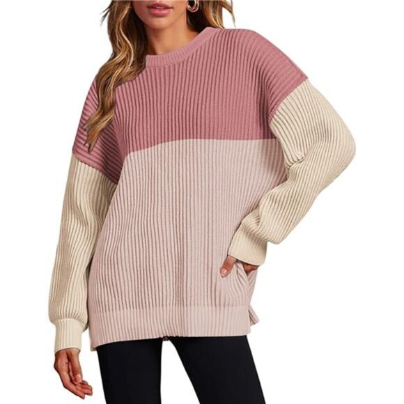 Women Fall Lightweight Oversized Sweater Pink Khaki - Picture 1 of 4